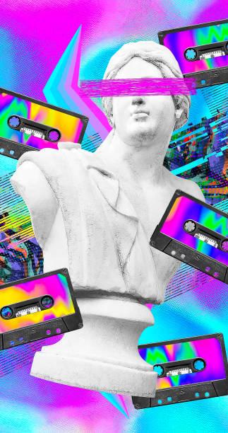 istock Contemporary digital collage art. Modern trippy design. Statue  and creative abstraction background. Vertical banner 1477545319