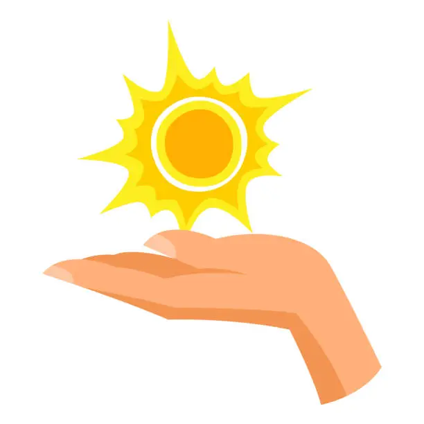 Vector illustration of Summer sun on hand illustration. Stylized image of sunny day and heat.