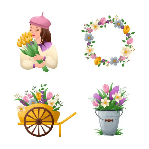 Vector illustration of Set of illustrations with spring theme. Delicate pictures with flowers. Gardening, floristry and flower girl. Flat vector illustration.