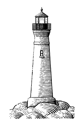 Old, engraving style illustration of a lighthouse