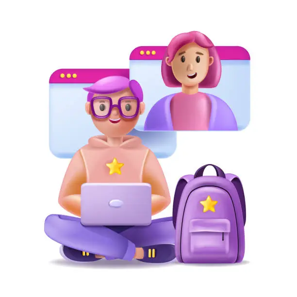 Vector illustration of 3D kid online, school remote education concept, vector cartoon sitting girl doing homework, laptop.