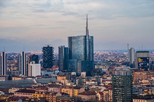 Panoramic view of the city of Milan and the Unicredit Tower in the Porta Nuova district.