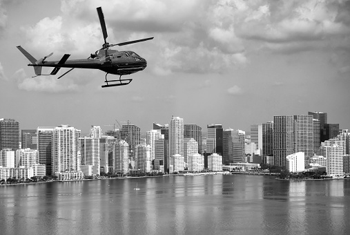 Helicopter flying to Downtown Miami, Florida.
