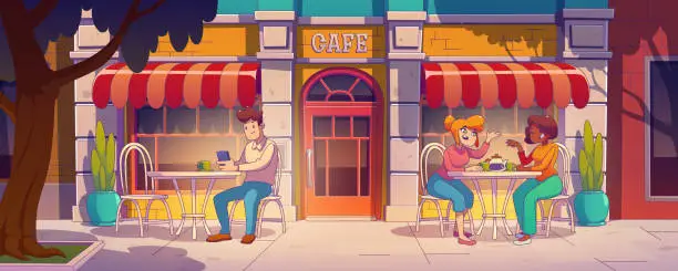 Vector illustration of Happy people sitting in outdoor cafe