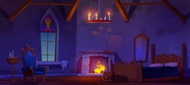 Vector illustration of Bedroom in castle with fireplace at night