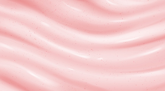 Realistic pink scrub or yoghurt background. Abstract glossy surface of cosmetic face cream or gel texture with abrasive particles, strawberry dessert, pastel color paint pattern. Vector illustration