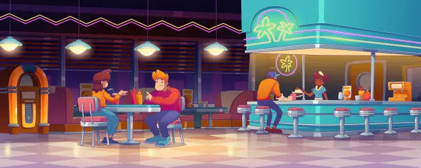 Vector illustration of Diner, american restaurant interior with people