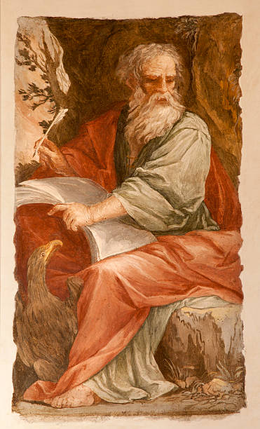 Rome - st. John the Evangelist Rome - st. John the Evangelist at writing of Apokalypse on Patmos island from Santa Pudenziana church Armageddon Bible stock pictures, royalty-free photos & images