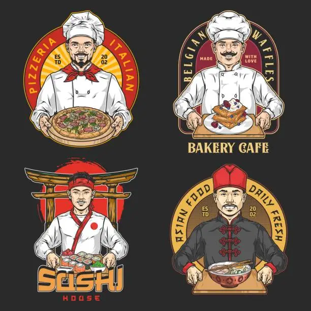 Vector illustration of Restaurant cooks set colorful logotypes