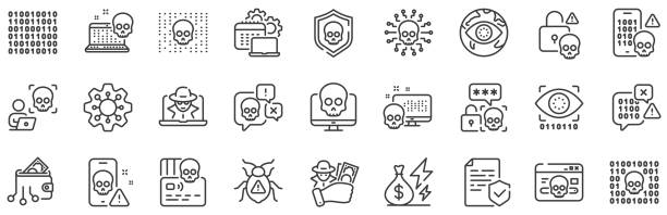 ilustraciones, imágenes clip art, dibujos animados e iconos de stock de iconos de línea de ataque cibernético. riesgo de phishing, ransomware de datos e iconos de contorno de código binario. vector - threats