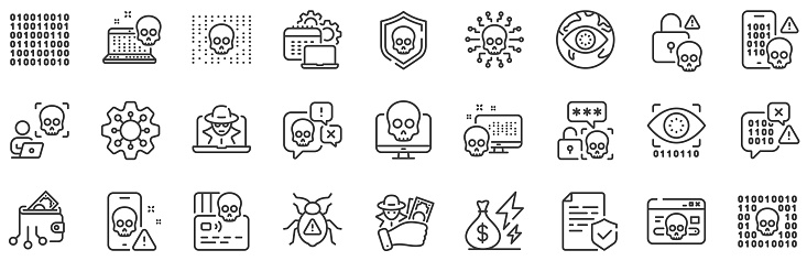 Phishing risk, Data ransomware, Binary code. Cyber attack line icons. Hacker attack, Virus secure, Malware bug outline icons. Cyber crime, Safe password and Data phishing. System hacking skull. Vector
