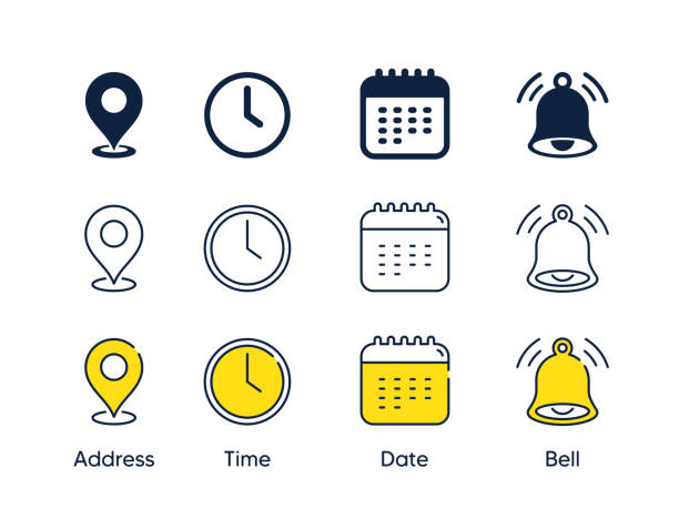 Place, Time, Date and Notification line icons. Calendar, address location pointer and alarm bell. Vector Place, Time, Date and Notification line icons. Calendar, address location pointer and alarm bell. Notice alert, business schedule and office time clock. Location place, date reminder. Vector calendar date stock illustrations