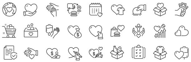 Donate and Charity line icons. Volunteer help, Global hunger, Food box icons. Vector Volunteer help, Global hunger, Food box. Donate and Charity line icons. Helping hand, Heart donate and Care service line icons. Donation or Blood collection, Money charity and Food care. Vector bloody money stock illustrations