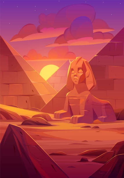 illustrazioni stock, clip art, cartoni animati e icone di tendenza di deserto egiziano, antica scultura della sfinge, piramide - egypt cairo pyramid sunset