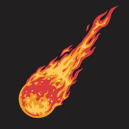 Fiery meteorite flat emblem colorful with round ball falling down and flying from space or galaxy vector illustration