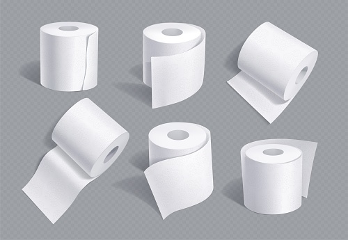 Realistic set of toilet paper mockups isolated on transparent background. 3D vector illustration of soft white hygiene tissue rolls for bathroom or lavatory, various view