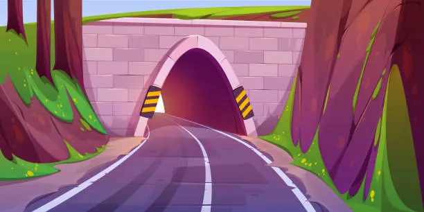 Vector illustration of Cartoon road going through tunnel in mountain