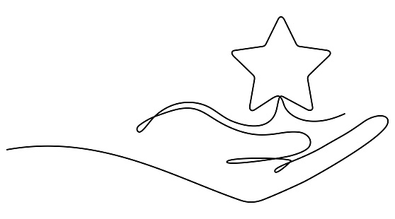 Hand holding star shape continuous line drawing. Human arm palm. Vector illustration isolated on white.