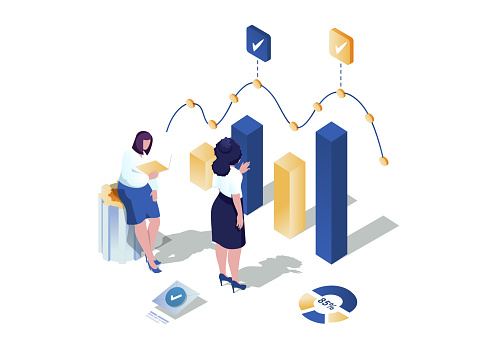 Line graph concept 3d isometric web scene. People working with data charts and making statistical analysis. Analysts calculate datum graphs for report. Vector illustration in isometry graphic design