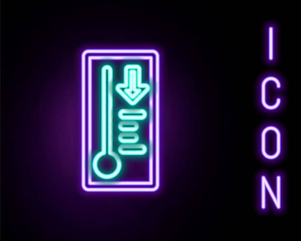 istock Glowing neon line Meteorology thermometer measuring heat and cold icon isolated on black background. Thermometer equipment showing hot or cold weather. Colorful outline concept. Vector 1477559647