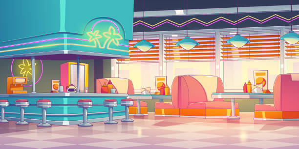 Retro restaurant, diner interior with bar counter. Vintage coffee shop, american cafe with tables, sofas and stools. Empty cafeteria interior in 50s style, vector illustration in contemporary style