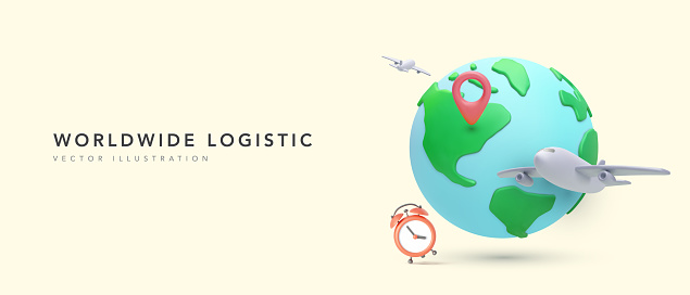 Worldwide logistic concept poster in realistic style with planet, airplane, pointer, clock. Vector illustration