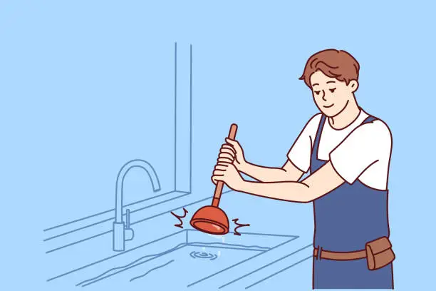 Vector illustration of Man plumber is dressed in overalls uses plunger to clear blockage in sink in kitchen or bathroom