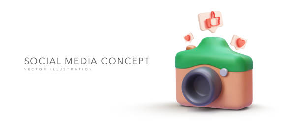 istock Social media content banner in 3d realistic style with camera and social icons. Vector illustration 1477565785
