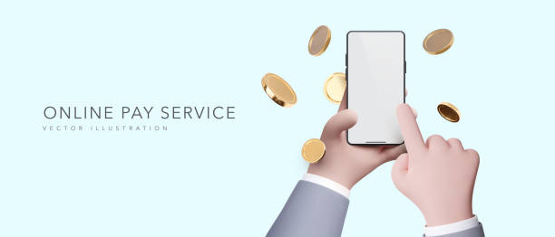 istock Online pay service banner in 3d realistic style with phone in hand and empty screen and flying coins. Vector illustration 1477566027
