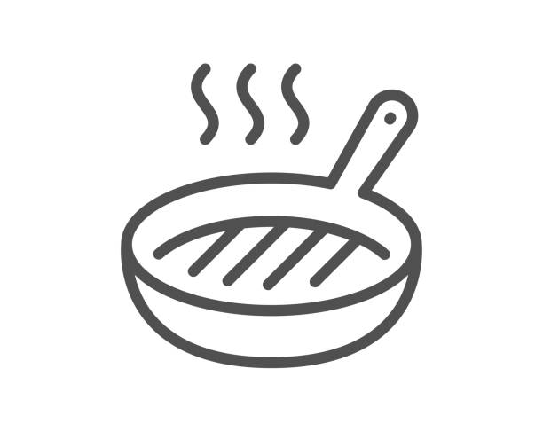 stockillustraties, clipart, cartoons en iconen met grill pan line icon. cooking food griddle sign. vector - gebakken in de pan