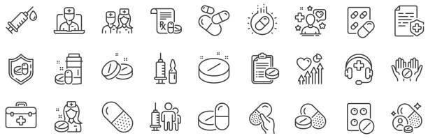illustrazioni stock, clip art, cartoni animati e icone di tendenza di icone della linea di farmaci medici. assistenza sanitaria, prescrizione e pillola. vettore - antibiotic pain cut out bottle
