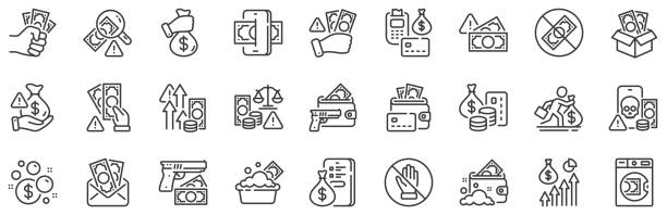 Money crime line icons. Fraud, Online thief and Steal cash set. Vector Fraud, Online thief and Steal cash set. Money crime line icons. Phishing robbery, launder money crime and tax offense line icons. Financial evasion, online fraud and wallet cash. Vector corruption stock illustrations