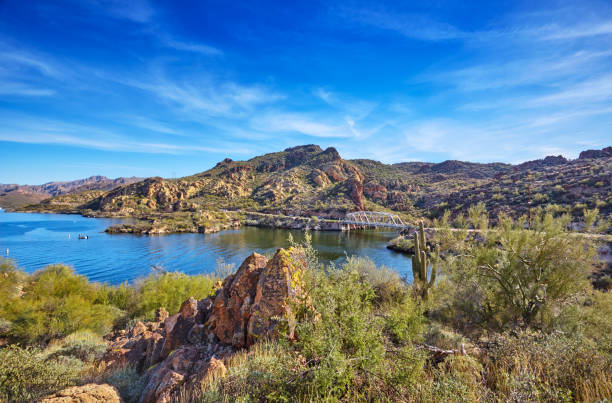 Canyon Lake, Arizona Single lane bridge over First Water Creek at Canyon Lake, near Apache Junction, Arizona river salt stock pictures, royalty-free photos & images