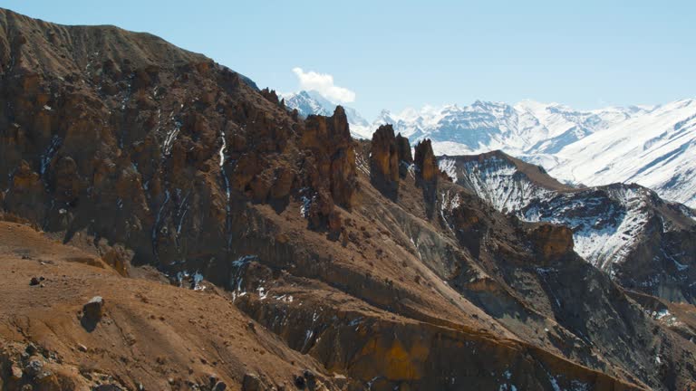 4K Aerial view of breathtaking mountain landscape and surreal rock formations of Spiti Valley, Himachal Pradesh, India. Aerial drone flight over the eroded mountains of Himalayas. Nature landscape.