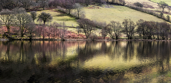 Reflections in a reservoir in the Elan Valley in Mid Wales UK