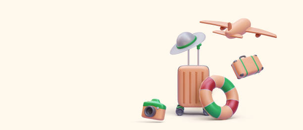 istock Marketing resort banner in 3d realistic style with plain, suitcase, camera. Vector illustration 1477573631