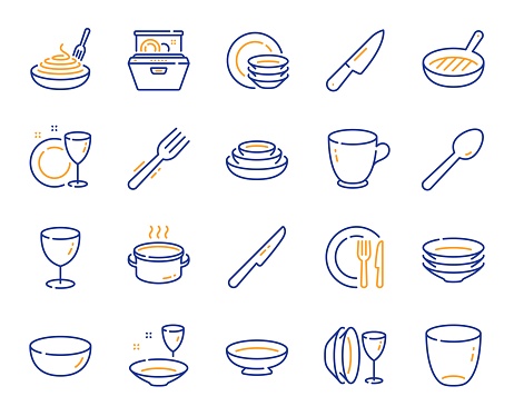 Tableware line icons. Dish plate, Food bowl and Cooking utensils set. Fork, spoon and knife cutlery line icons. Grill pan, dish washer and dish with pasta. Food plate, glass and tea cup. Vector