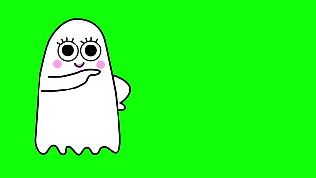 2D Animated Stock Footage of a Cute Ghost Pointing to an Empty Screen for Product or Service Presentation, Halloween Concept: Marketing, Advertising, Promotion, Sales, Demonstration, Pitch, Display, Showcase, Information, Communication, Engagement