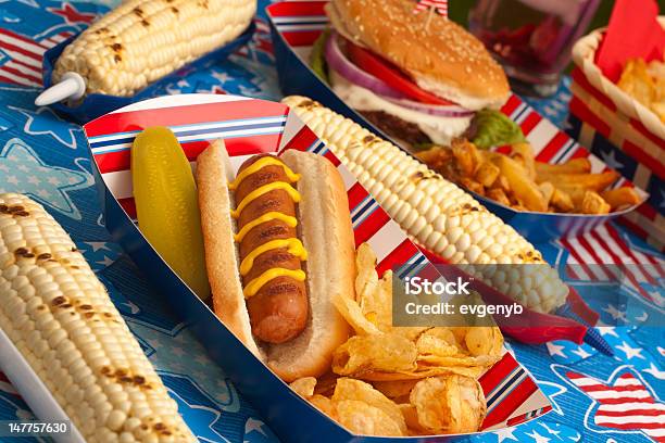 Picnic On 4th Of July Stock Photo - Download Image Now - Hamburger, Hot Dog, Barbecue - Meal