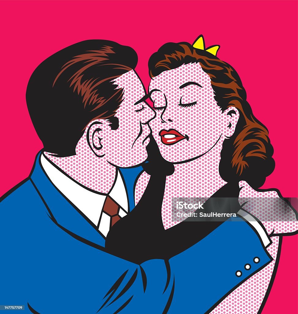 couple giving a kiss Retro illustration pop art style. Andy Warhol stock vector