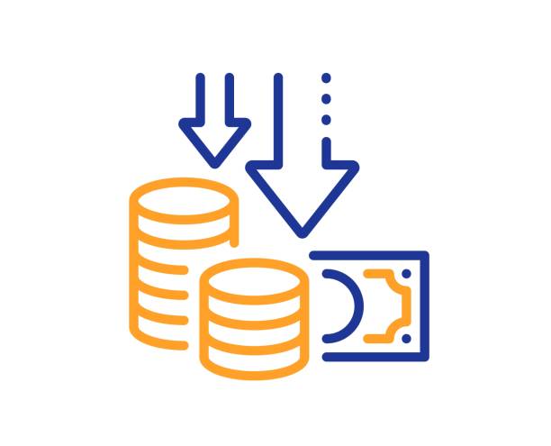 Deflation line icon. Price reduction sign. Vector Deflation line icon. Price reduction sign. Reduce rate symbol. Colorful thin line outline concept. Linear style deflation icon. Editable stroke. Vector coin outline stock illustrations