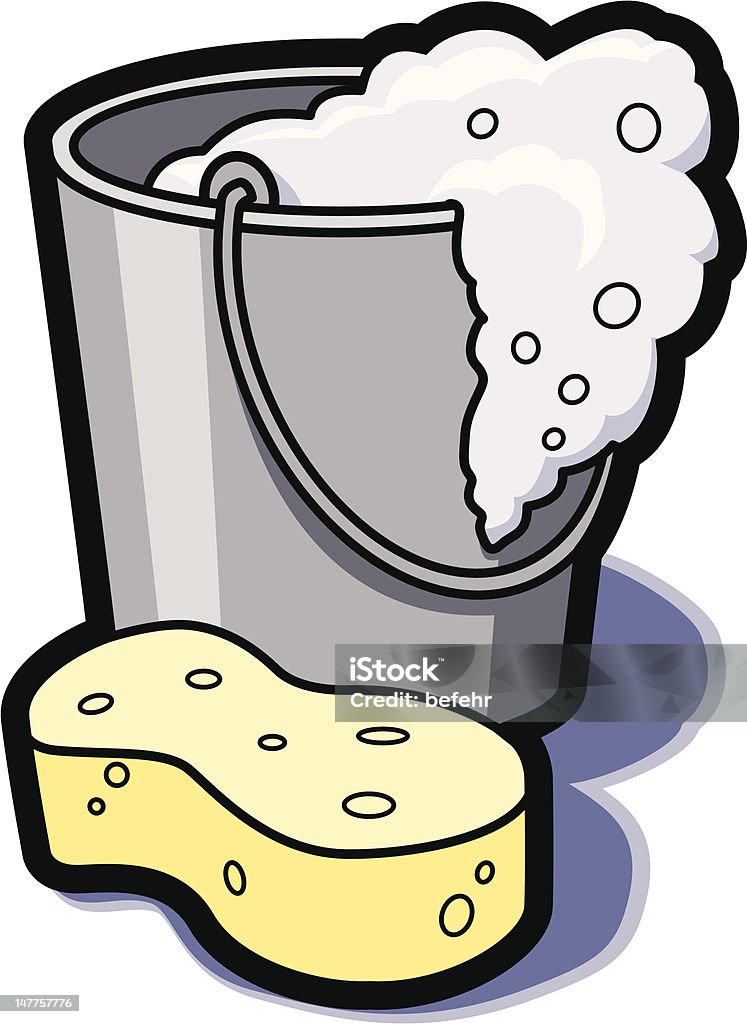 Bucket of Water and Sponge A bucket of soapy water and a sponge for cleaning. Bath Sponge stock vector