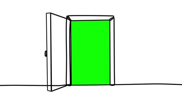 2D Animated Stock Footage of a Opening Door on Green Background Chroma Key: Entrance, Opportunity, Possibility, Welcome, Exit, Privacy, Security, Access, Gateway, Threshold, Passage, Freedom, Escape, Barrier, Closure.
