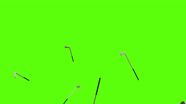 Golf sticks background. Falling golf sticks over green screen or chroma key. Rain of golf sticks across the screen.