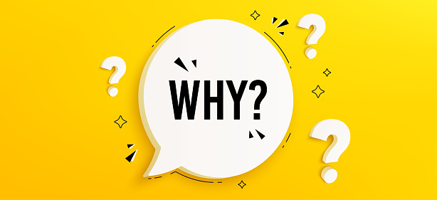 Why question chat bubble. Conversation question 3d speech bubble. Yellow background with Why word. Customer service, dialogue talk or ask message. Faq help information. Vector illustration