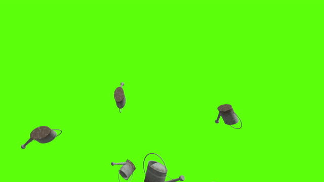 Watering cans background. Falling metal watering cans over green screen or chroma key. Rain of watering cans across the screen.