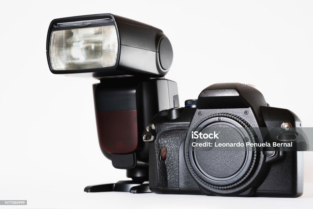 Visual Communication Camera Black Camera With Speedlight On White Stage Photography Theme Visual ...