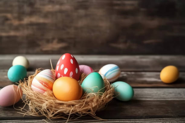 istock Happy Easter Day background and backdrop, cute bunny rabbit, ornament, and colorful egg, copy space greeting and backdrop, banner, rustic vintage design material. Celebrate Easter. 1477581983