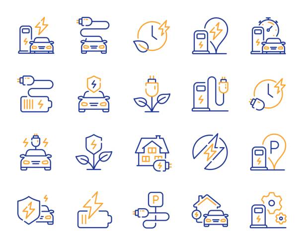 ilustraciones, imágenes clip art, dibujos animados e iconos de stock de iconos de línea de carga de coches eléctricos. estación de carga, estacionamiento ev y conjunto de cargador de batería. vector - cargador de batería