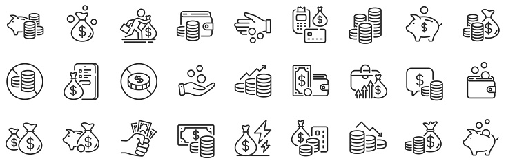 Cash money, Donation coins, Give tips icons. Coins line icons. Piggy bank, Business income, Loan. Money savings, give coin, cash tips. Investment profit, growth chart, financial crisis. Vector